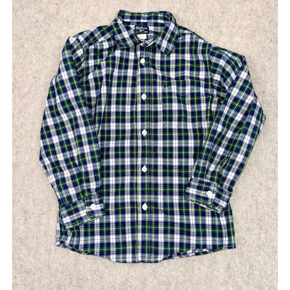 OshKosh B'gosh Button Up Shirt Boys 7 Plaid Long Sleeve Blue Green